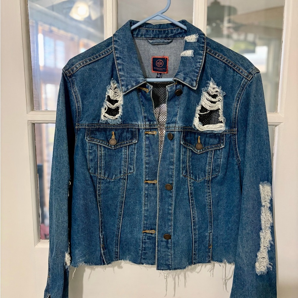 Boom Boom Jeans Distressed Dark Blue Denim Jacket - Picture 1 of 3
